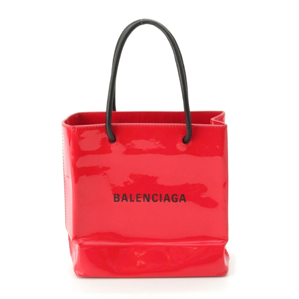 Balenciaga Shopping Tote Patent Vernis Leather Shoulder Handbag Red XXS